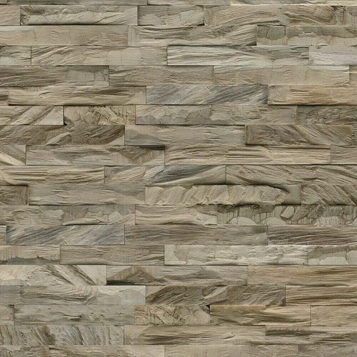 Indo Wandpaneel 3D Wall Diamondwood Ancient Grey - Teak, 610 x 150 x 10 mm, 1,006 m² - Wandverkleidung aus Steinimitat mit horizontalen, unregelmäßigen Mustern und natürlichen Farbtönen für ein rustikales Ambiente.