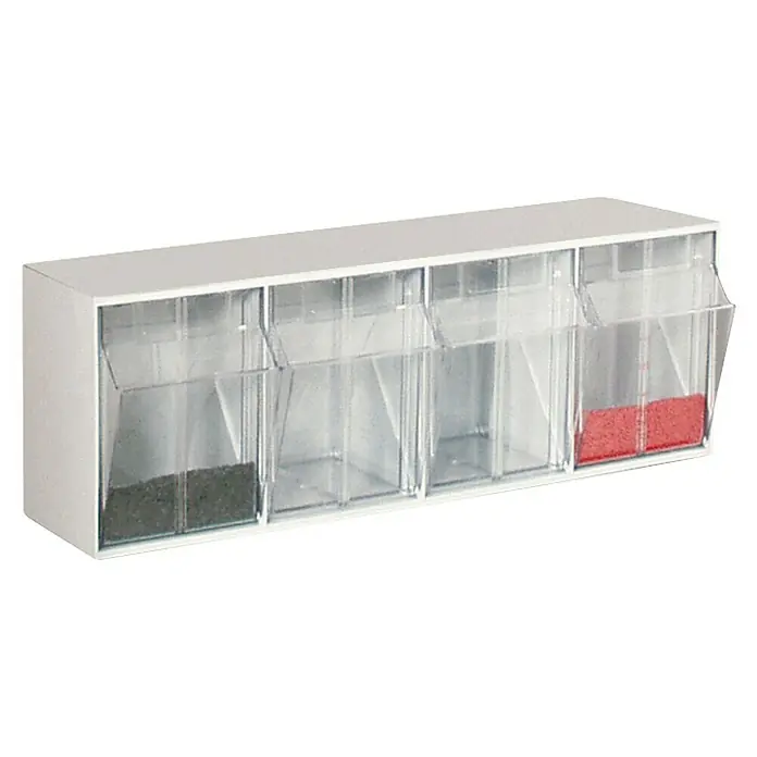 Tayg Organizador de piezas pequeñas - Blanco, Número de cajones: 4 ud., Bandeja extraíble - Un organizador de pared con contenedores transparentes, llenos de varios elementos, perfecto para organizar piezas pequeñas. Ideal para talleres y hobbies!