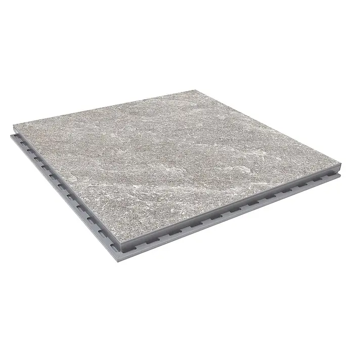 Terrassenfliese Click and Go Griechisch Quarzit - 60 x 60 cm, Grau, Matt - Einzelne quadratische Outdoor-Fliese in Grau mit Verbindungselementen, ideal für Terrassen und Balkone.