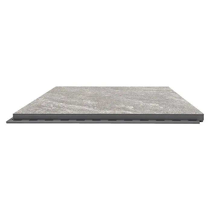 Terrassenfliese Click and Go Griechisch Quarzit - 60 x 60 cm, Grau, Matt - Bild einer Fliese mit grauem Steinmuster und dunkler Unterkonstruktion, ideal für moderne Bodenbeläge.