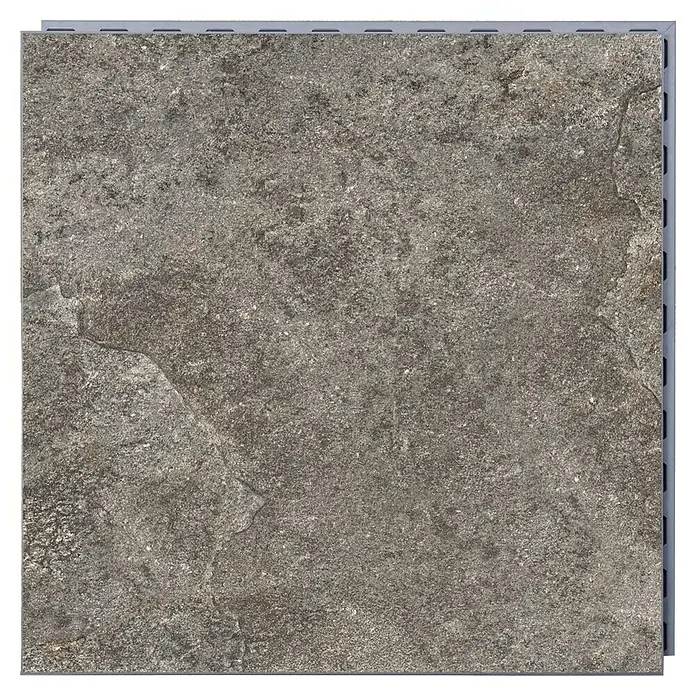 Terrassenfliese Click and Go Griechisch Quarzit - 60 x 60 cm, Anthrazit, Matt - Nahaufnahme einer grauen Steinfliese mit strukturierter Oberfläche und modularem Rahmendesign.