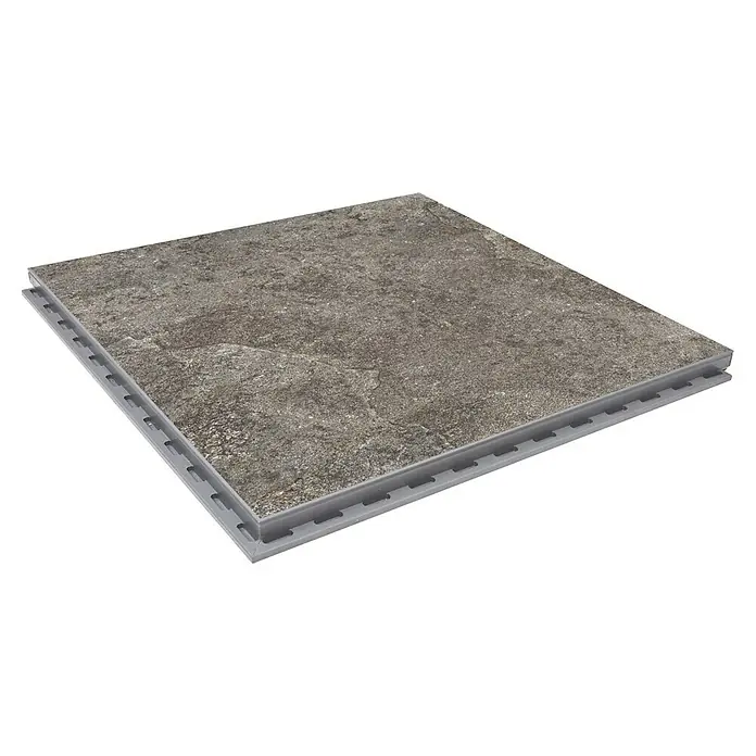 Terrassenfliese Click and Go Griechisch Quarzit - 60 x 60 cm, Anthrazit, Matt - Das Bild zeigt eine einzelne quadratische, robuste Fliese mit integriertem Verbindungssystem für einfache Installation.