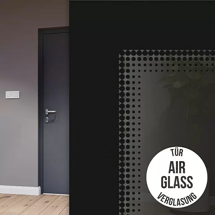 Gerda Haustür Thermo Prime 75 Linz - 100 x 210 cm, DIN Anschlag: Links, Weiß, Schwarze Details - Dunkelgraue Innentür mit Air Glass Verglasung, Punktmuster und Logo, in einem modernen Raum.