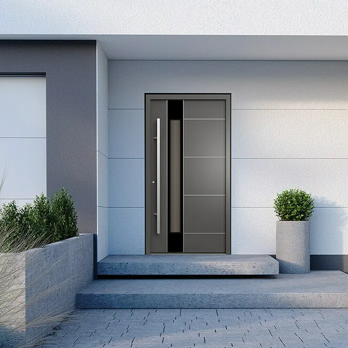 Gerda Haustür Thermo Prime 75 Linz - 110 x 210 cm, DIN Anschlag: Links, Anthrazitgrau, Details in Edelstahl - Moderne Haustür mit minimalistischem Design. Die graue Tür verfügt über einen schlanken, vertikalen Griff und horizontale Akzente, die das Erscheinungsbild hervorheben.