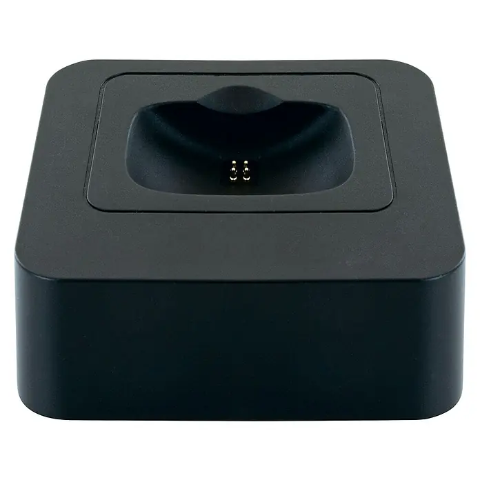 Schwaiger Headset Mono Bluetooth - Schwarz - Schwarze Ladestation mit glatter Oberfläche und zwei goldenen Kontakten zum Aufladen verschiedener Geräte. Kompaktes Design und moderne Optik.