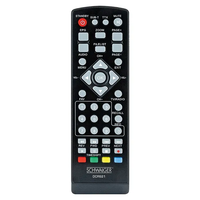 Schwaiger HDTV-Kabel-Receiver DCR621 DVB-C HD - 1.080 Pixel (Full HD), Eingangsfrequenz: 174 MHz - 230 MHz, 105 x 168 x 35 mm - Abbildung einer schwarzen SCHWAIGER DCR621 Fernbedienung mit zahlreichen Tasten für die Steuerung verschiedener Gerätefunktionen.