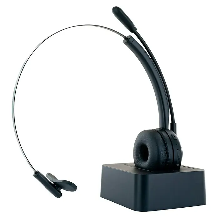 Schwaiger Headset Mono Bluetooth - Schwarz - Ein schwarzes Single-Ohr-Headset mit Mikrofon und Ladestation. Ideal für Büroarbeit und Callcenter, bietet Komfort und klare Kommunikation.