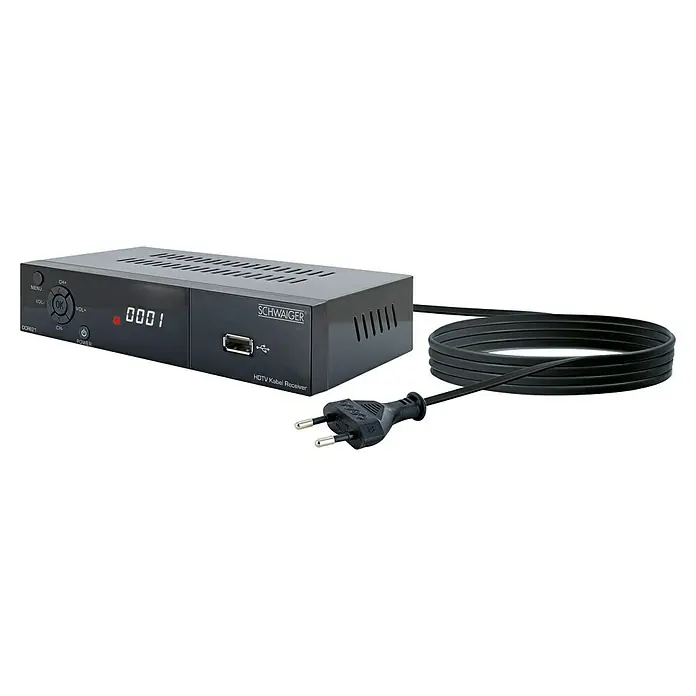 Schwaiger HDTV-Kabel-Receiver DCR621 DVB-C HD - 1.080 Pixel (Full HD), Eingangsfrequenz: 174 MHz - 230 MHz, 105 x 168 x 35 mm - Das Bild zeigt einen Schwaiger DCR621 HDTV Kabel Receiver mit Stromkabel und Stecker, dargestellt auf einem schwarzen Hintergrund.