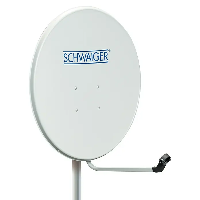 Schwaiger Satelliten-Antenne Offset SPIS7078 - Hellgrau, Durchmesser Spiegelfläche: 70 cm, Antennengewinn: 37 dB - 38,5 dB - Weiße Satellitenschüssel der Marke SCHWAIGER auf einem silbernen Ständer. Das Produkt ist für den Empfang von Satellitensignalen konzipiert.