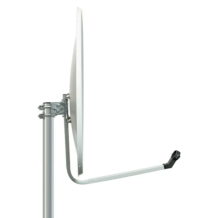 Schwaiger Satelliten-Antenne Offset SPIS7078 - Hellgrau, Durchmesser Spiegelfläche: 70 cm, Antennengewinn: 37 dB - 38,5 dB - Satellitenschüssel auf einer Halterung.