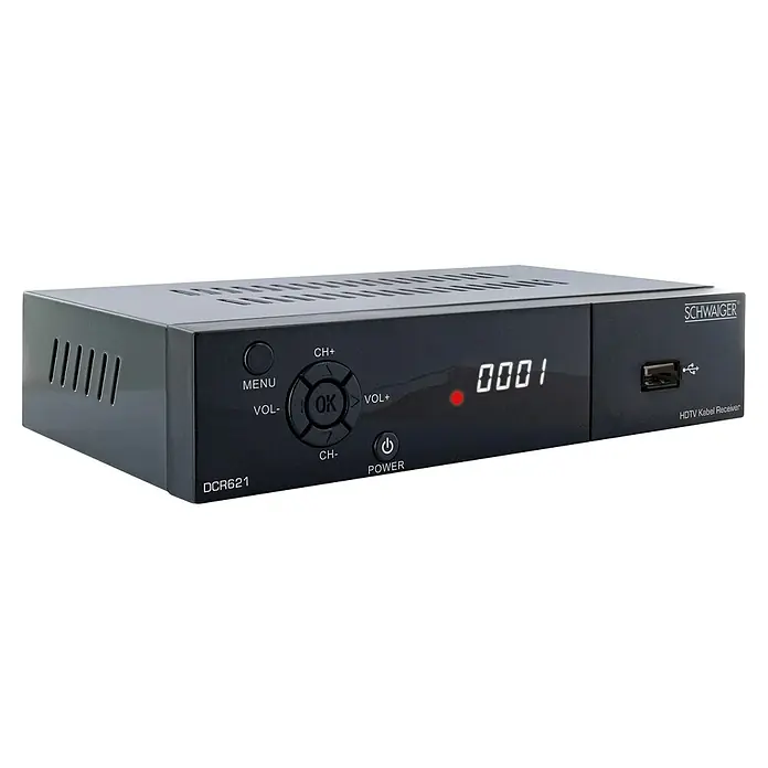 Schwaiger HDTV-Kabel-Receiver DCR621 DVB-C HD - 1.080 Pixel (Full HD), Eingangsfrequenz: 174 MHz - 230 MHz, 105 x 168 x 35 mm - Das Bild zeigt einen schwarzen Schwaiger DCR621 HDTV Kabel Receiver mit Bedienelementen und Anschlüssen.