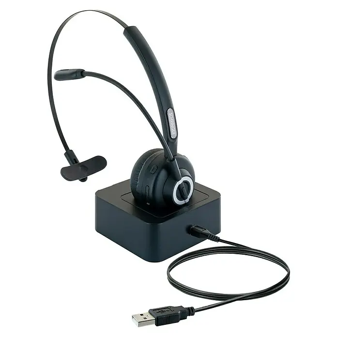 Schwaiger Headset Mono Bluetooth - Schwarz - Ein schnurloses SCHWAIGER Headset mit Ladestation und USB-Kabel. Das Headset ist schwarz und für den professionellen Einsatz konzipiert.