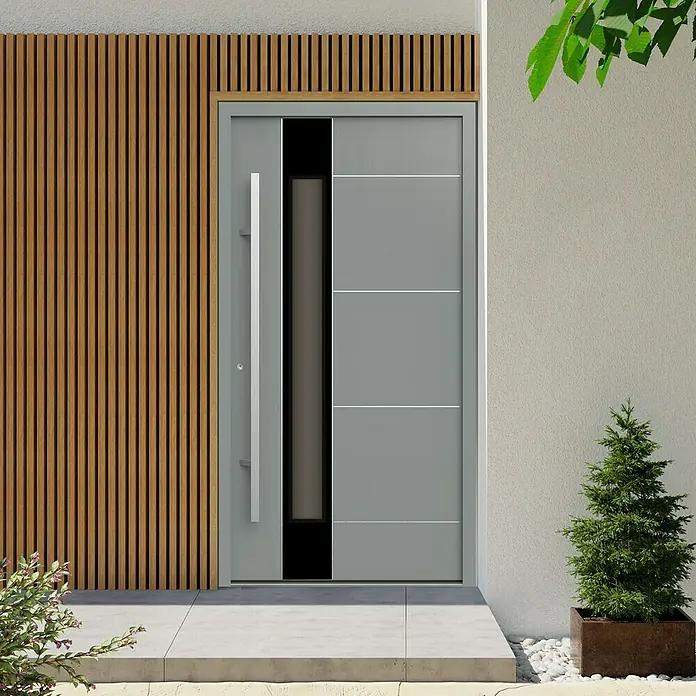 Gerda Haustür Thermo Prime 75 Linz - 110 x 210 cm, DIN Anschlag: Links, Grau, Details in Edelstahl - Moderne Haustür in Grau mit vertikalen Designelementen, ergänzt durch eine lange Griffstange und eine schmale Glaseinsatz. Zeitgenössisches Design.