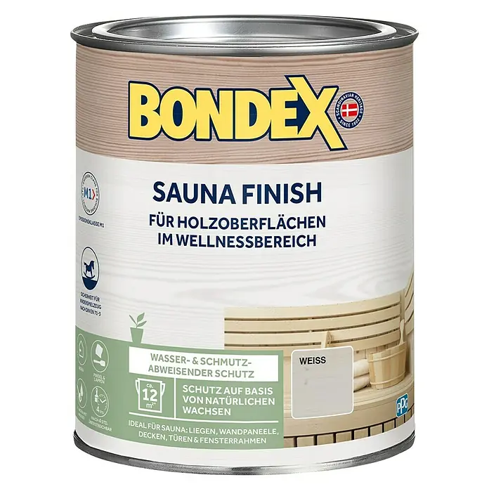 Bondex Holzwachs Sauna Finish - Weiß, 1 l, Seidenmatt - Dose Bondex Sauna Finish Holzschutzlasur in Weiß für Holzoberflächen im Wellnessbereich.
