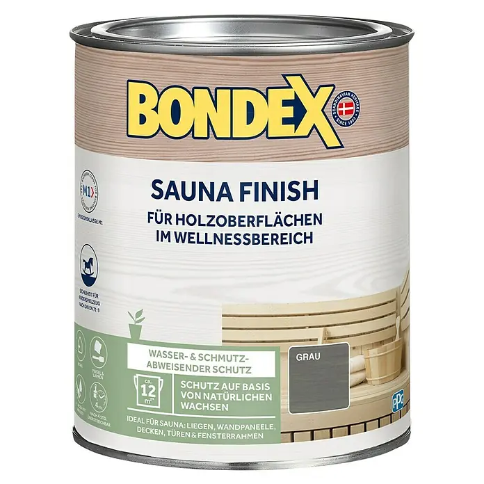 Bondex Holzwachs Sauna Finish - Grau, 1 l, Seidenmatt - Dose Bondex Sauna Finish Holzschutzfarbe in Grau, ideal für den Innenbereich und zur Behandlung von Holzoberflächen in Saunen.