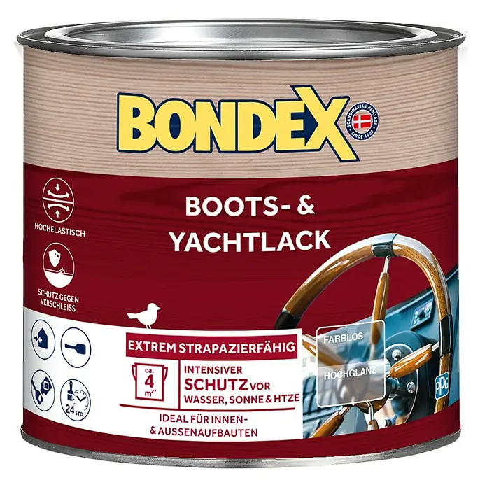 Bondex Bootslack & Yachtlack - Farblos, 250 ml, Hochglänzend - Ein Anstrich von Bondex Boots- & Yachtlack. Extrem strapazierfähige, farblose Hochglanzbeschichtung für den Innen- und Außenbereich.
