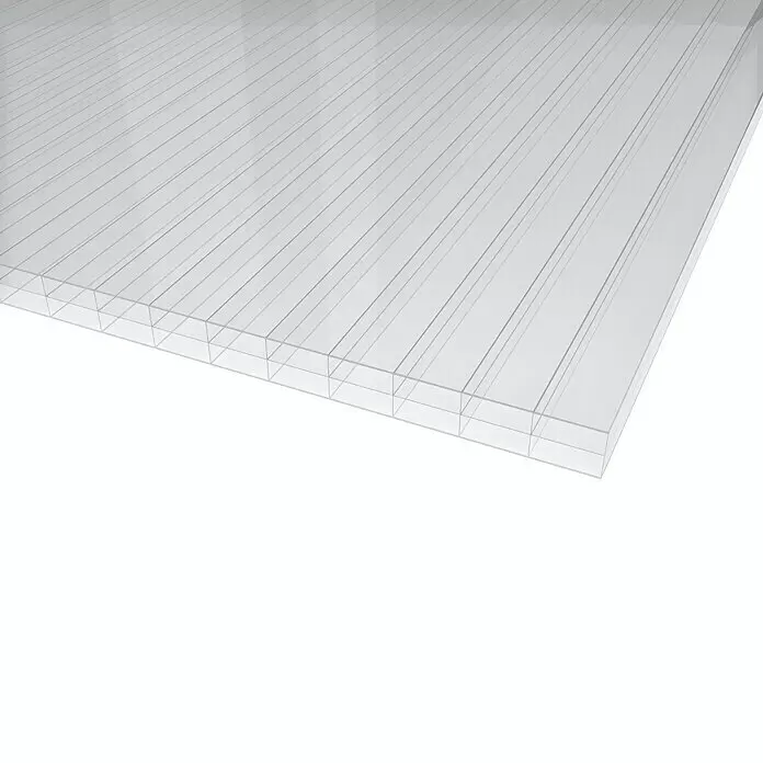 Lexan Stegplatte S3P 16 - L x B: 4.000 x 980 mm, Polycarbonat, Transparent - Transparente Mehrkammer-Polycarbonatplatte, die ihre inneren Kanäle zeigt.