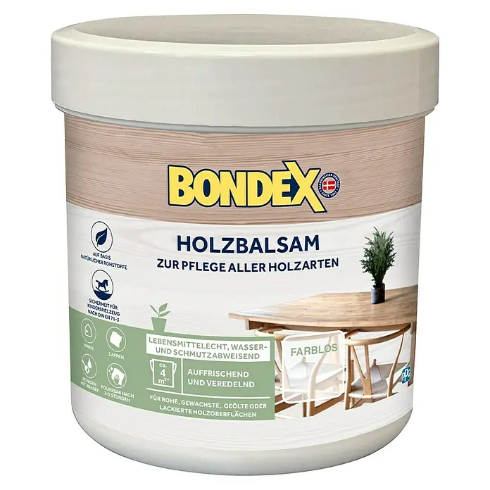 Bondex Pflegemittel Holzbalsam - 250 ml - Dose Bondex Holzbalsam zur Pflege von Holzoberflächen, farblos, lebensmittelecht und schmutzabweisend. Für rohe, gewachste, geölte oder lackierte Oberflächen.