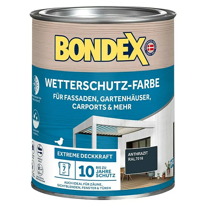 Bondex Wetterschutzfarbe RAL 7016 - Anthrazit, Seidenglänzend, 0,75 l - Dose Bondex Wetterschutzfarbe Anthrazit RAL7016 für Fassaden, Gartenhäuser & mehr. Extrem deckend, bis zu 10 Jahre Schutz.