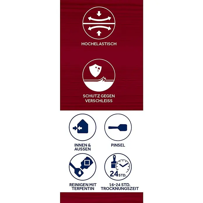Bondex Bootslack & Yachtlack - Farblos, 2,5 l, Hochglänzend - Symbole zeigen Eigenschaften der Farbe: Hochelastisch, Schutz gegen Verschleiß, Innen & Aussen, Pinsel, Reinigen mit Terpentin, 16-24 Std. Trocknungszeit.