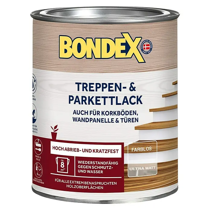 Bondex Treppen- & Parkettlack - Farblos, Matt, 750 ml - Dosenansicht von Bondex Treppen- & Parkettlack, farblos, ultra matt. Geeignet für Holzoberflächen, hoch abrieb- und kratzfest.