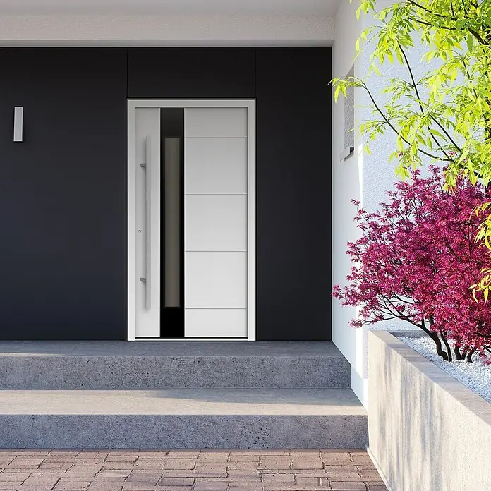 Gerda Haustür Thermo Prime 75 Linz - 100 x 210 cm, DIN Anschlag: Links, Weiß, Details in Edelstahl - Moderne Haustür mit schwarzem Rahmen und weißen Paneelen, teilweise geöffnet, mit elegantem, langem Griff und umlaufendem Rahmen.