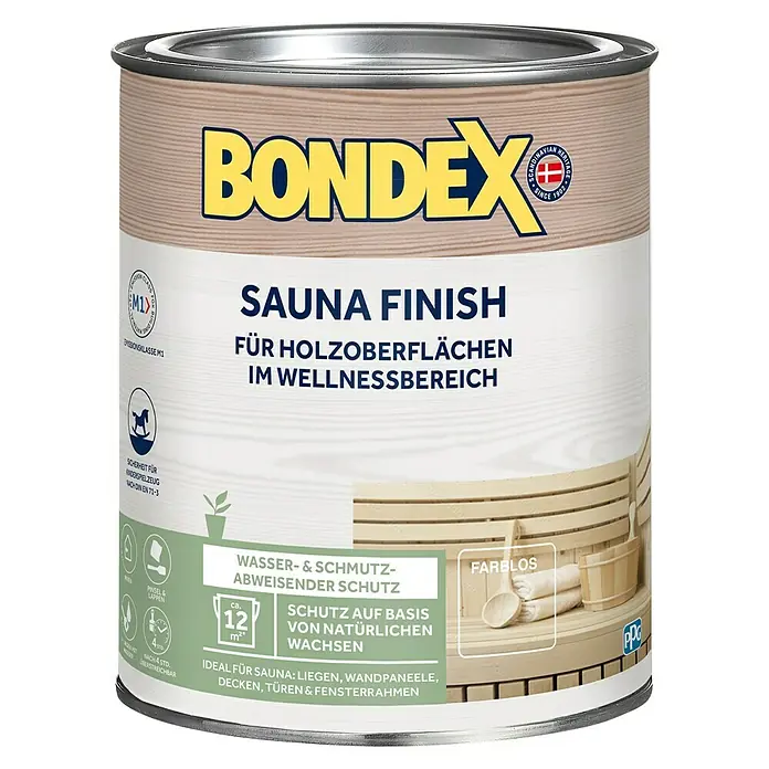 Bondex Holzwachs Sauna Finish - Farblos, 1 l, Seidenmatt - Dose Bondex Saunafarbe farblos für Holzoberflächen im Wellnessbereich, wasser- und schmutzabweisend, ideal für Saunen.