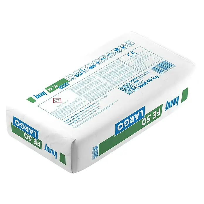 Knauf Fließestrich FE 50 LARGO - 40 kg - Nahaufnahme eines 40 kg Sackes Knauf FE 50 Largo, einem hochwertigen Baustoffprodukt, ideal für Bauprojekte.