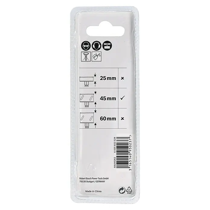 Bosch Bohrer HSS-G - Durchmesser: 7,15 mm, Passend für: Bosch Power-Change-Schnellwechselsystem - Verpackungsrückseite einer Bosch Lochsäge mit Größenangaben und Sicherheitshinweisen, ideal für Handwerker und Heimwerker.