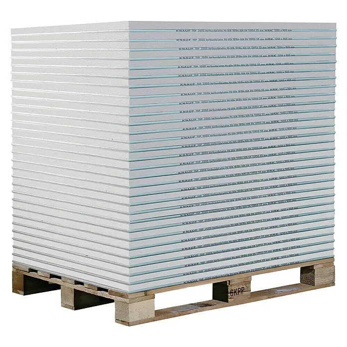 Knauf TOP 2000 Verbundplatte EPS - 1.250 x 900 x 33 mm - Ein Stapel Knauf Top 2000 Verbundplatten auf einer Palette.