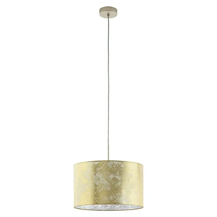 Eglo Viserbella Pendelleuchte - Höhe: 110 cm - Nahaufnahme einer eleganten goldenen Pendelleuchte mit einem schlanken, silbernen Stab und einer runden Deckenhalterung, die modernes Design verkörpert.