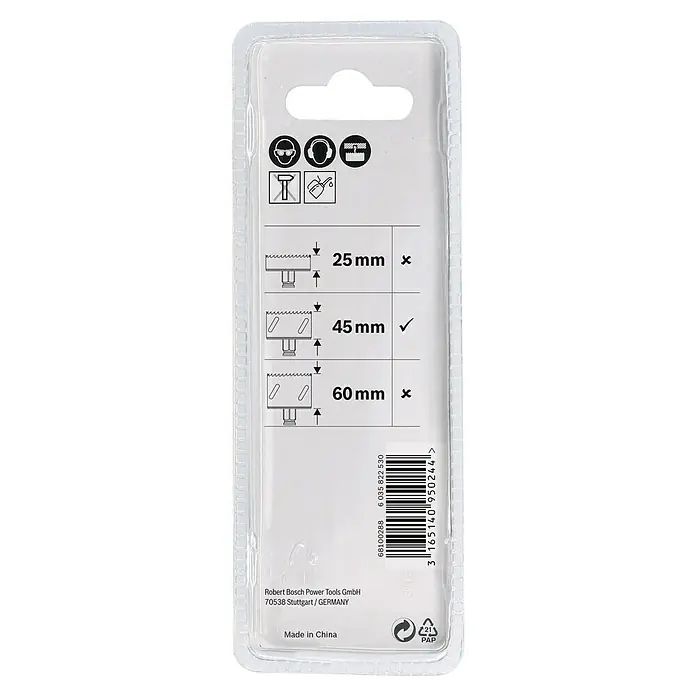 Bosch Zentrierbohrer HSS-CO - Durchmesser: 7,15 mm, Passend für: Bosch Power-Change-Schnellwechselsystem - Produktverpackung mit Größenangaben der Lochsäge: 25mm, 45mm (✓), 60mm (x). Inklusive Herstellerinformationen und Recyclinghinweisen.