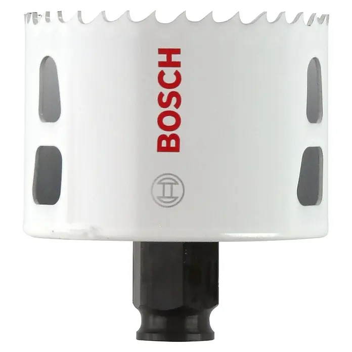 Bosch Professional Sierra de corona BiM - Diámetro: 73 mm, Acero - Primer plano de una sierra de corona Bosch con un borde dentado y ranuras laterales para la eliminación de virutas.