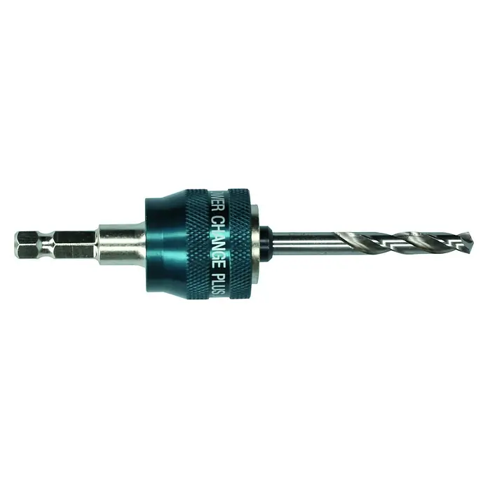 Bosch Aufnahmeschaft Power Change - Sechskant 8,7 mm, Passend für: Bosch Power Change Lochsägen - Das Bild zeigt einen Bohrer mit einem blauen "Power Change Plus"-Aufsatz und einem Sechskantschaft für schnellen Werkzeugwechsel.