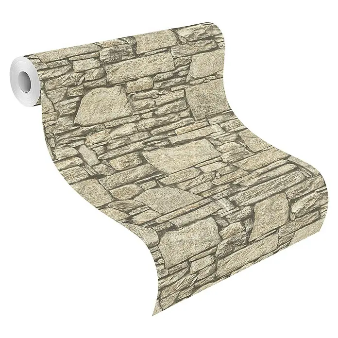 Rasch Vliestapete Stein - Beige, Steinoptik, 10,05 x 0,53 m - Nahaufnahme einer Rolle Tapete mit einem realistischen Steinmuster. Die Tapete imitiert eine Natursteinwand.