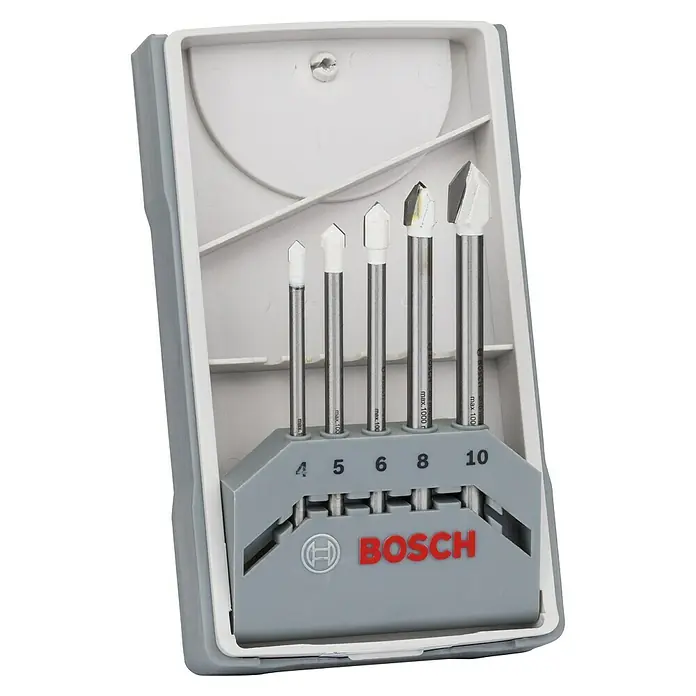 Bosch Bohrer-Set CYL-9 - Durchmesser Bohrer: 10 mm - Ein Set Bosch Glasbohrer mit verschiedenen Größen in einer grauen Aufbewahrungsbox, ideal für präzise Bohrarbeiten.