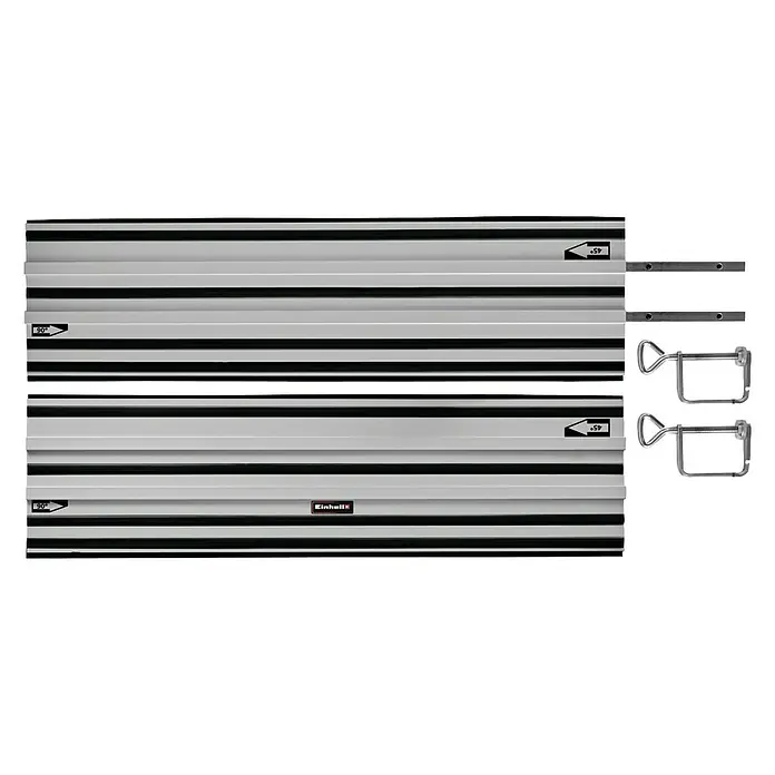 Einhell Expert Tauchsäge TE-PS 165 - 1.200 W, Leerlaufdrehzahl: 5.200 U/min - Abbildung eines Einhell Führungsschienen-Sets, bestehend aus zwei Schienen, zwei Verbindungsstücken und zwei Schraubzwingen für präzise Schnitte.