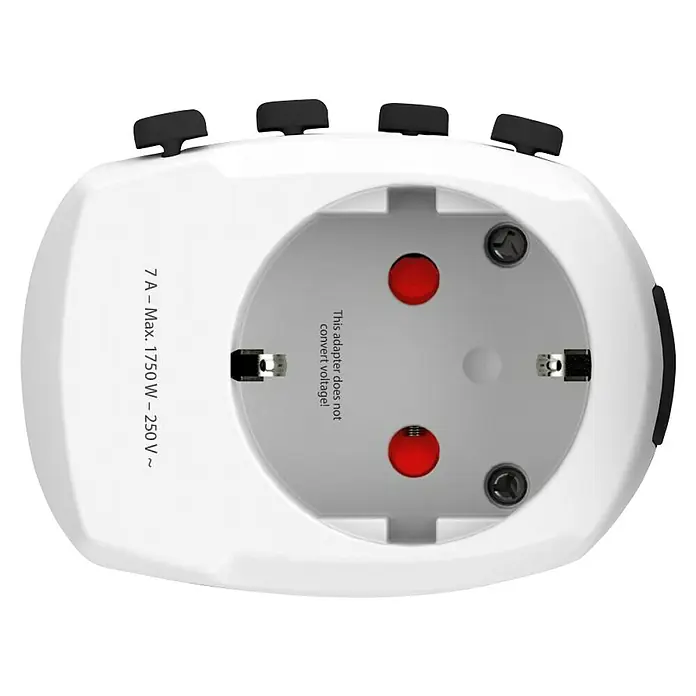 Skross Reiseadapter PRO Europe to World - Weiß - Nahaufnahme eines weißen Reiseadapters mit mehreren Steckdosen und schwarzen Knöpfen zur Konfiguration verschiedener Steckerformen.