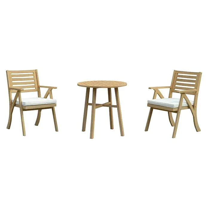 Sunfun Conjunto de muebles de balcón Siena - 3 pzs., Madera de acacia, Marrón - Atractivo conjunto de asientos para exterior con dos sillas y una mesa redonda. Los muebles son de madera clara e incluyen cojines de asiento blancos.