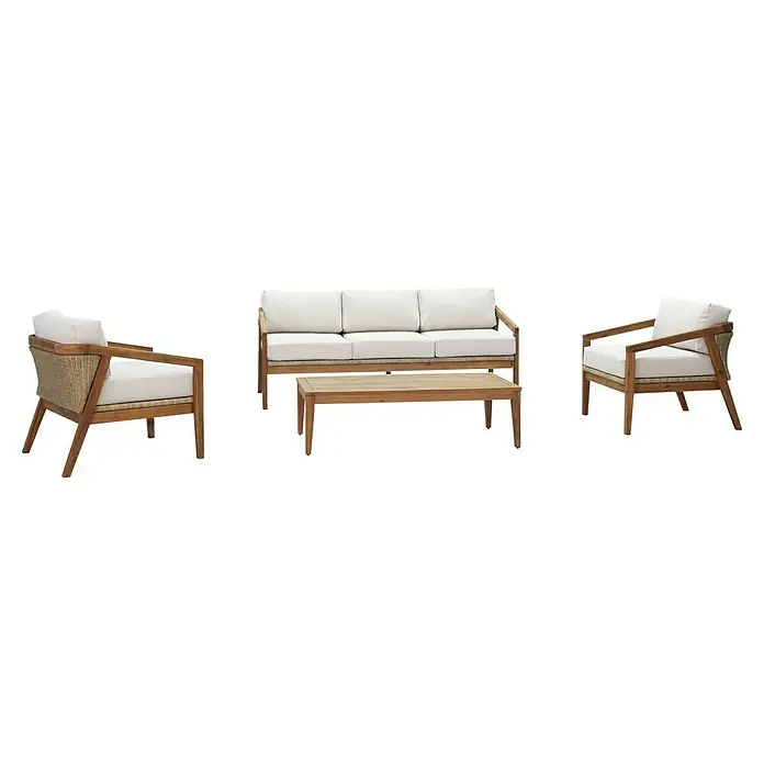Sunfun Conjunto de muebles Anna - 4 pzs., Madera de acacia, Marrón - Juego de muebles de exterior con sofá de tres plazas, dos sillones y mesa de centro. Estructura de madera con cojines blancos.