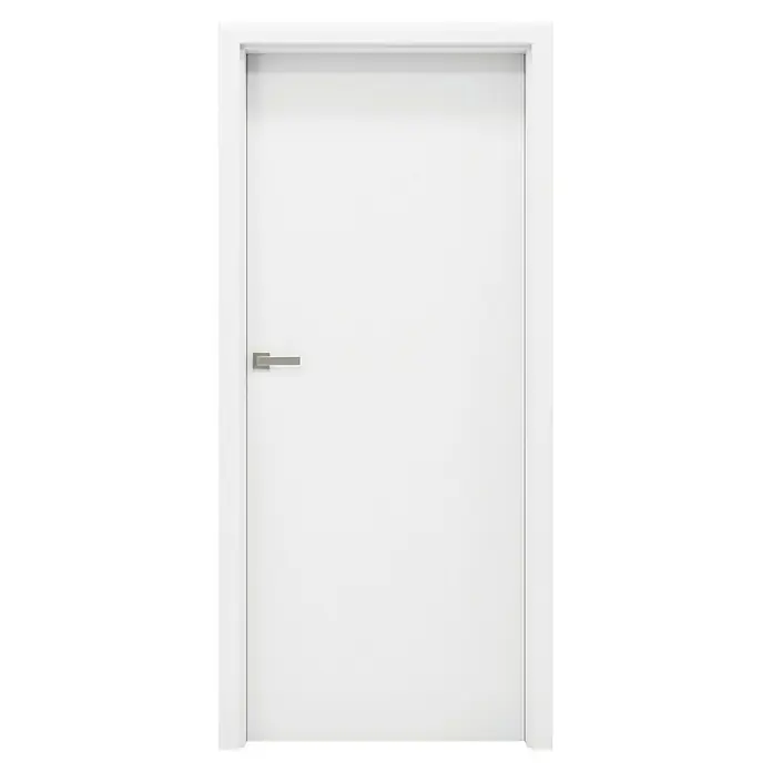 Invado Zimmertür ND1 ohne Schlüssellochbohrung - 735 x 1.985 mm, DIN Anschlag: Links, Verkehrsweiß matt, Röhrenspan - Tür: Eine moderne, weiße Innentür mit schlichtem, silberfarbenem Türgriff, ideal für zeitgenössische Wohnräume, die eine helle und minimalistische Ästhetik bevorzugen.