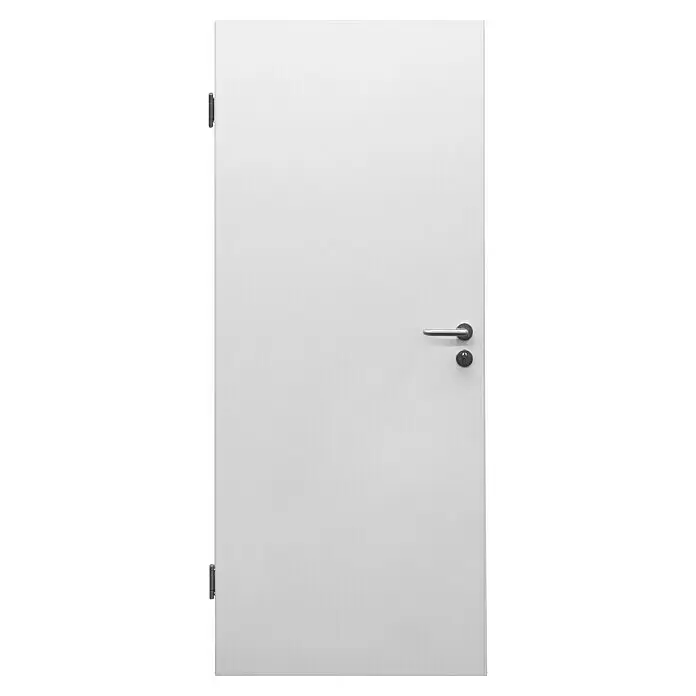 Invado Wohnungseingangstür FT4 - Klimaklasse nach RAL: III, 860 x 1.985 mm, DIN Anschlag: Links, Verkehrsweiß matt - Weiße Tür mit silbernem Griff und Schloss.