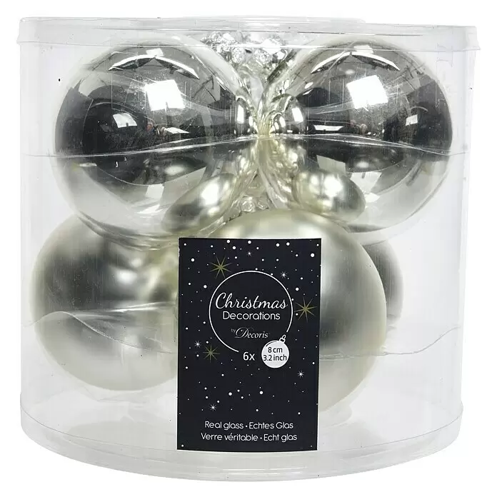 Decoris Christbaumkugel - Silber, Glas, Durchmesser: 80 mm, 6 Stk. - Sechs silberne Glas-Weihnachtskugeln in einer transparenten Plastikverpackung.