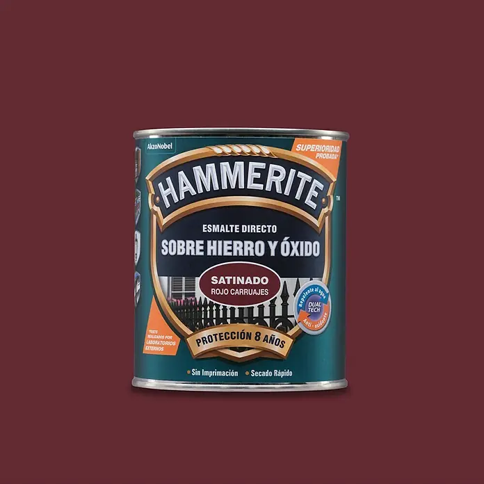 Hammerite Esmalte para metal Hierro y Óxido - Rojo carruaje, 750 ml, Efecto satinado - Imagen de una lata de pintura Hammerite Directo sobre Hierro y Óxido, acabado satinado, Rojo Carruajes, con 8 años de protección y secado rápido.
