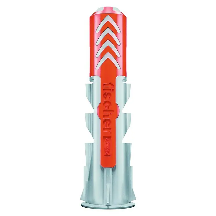 Fischer Duopower Set de tacos Profi-Box - 132 pzs. - Primer plano de un taco universal Fischer UX naranja y gris, diseñado para un anclaje seguro en diversos materiales de construcción.