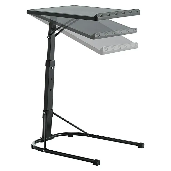 Mesa plegable Multitable - L x An x Al: 43 x 49 x 73 cm, Negro - La imagen muestra una mesa auxiliar negra ajustable con diferentes opciones de altura, perfecta para un uso versátil en cualquier espacio habitable.
