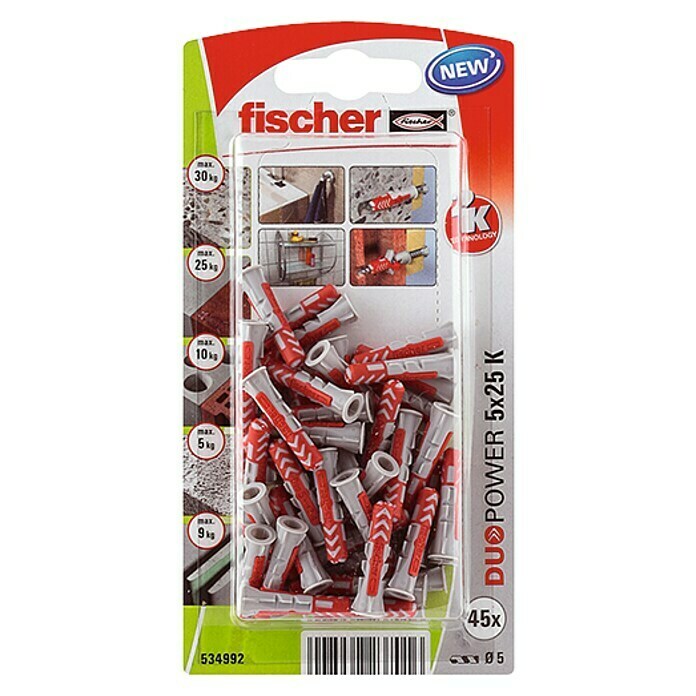 Fischer Duopower Surtido de tacos y tornillos (Diámetro taco: 5 mm, Longitud taco: 25 mm, 45 uds., Nylon)