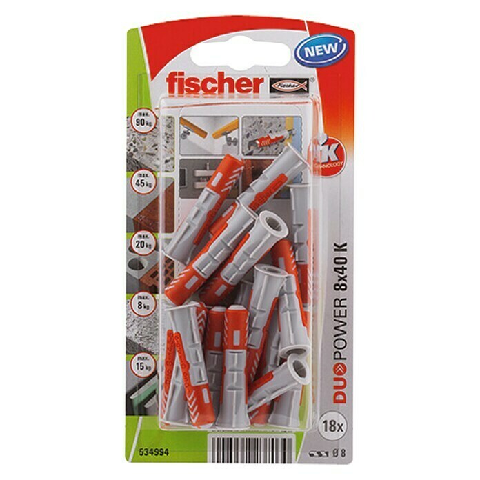 Fischer Duopower Set de tacos (Diámetro taco: 8 mm, Longitud taco: 40 mm, 18 uds., Nylon)