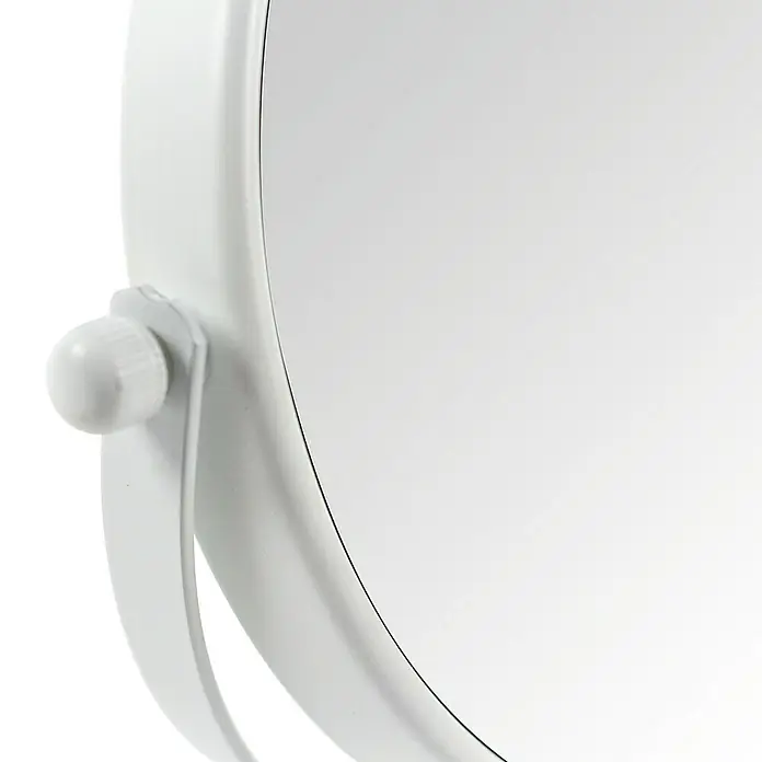 Deblanch Espejo cosmético - 15 x 15 cm, Redonda, Blanco, Aumento 1: 300 %, Aumento 2: 700 % - Primer plano de un espejo de maquillaje con marco blanco y botón de ajuste, que proporciona un reflejo claro para una aplicación precisa.