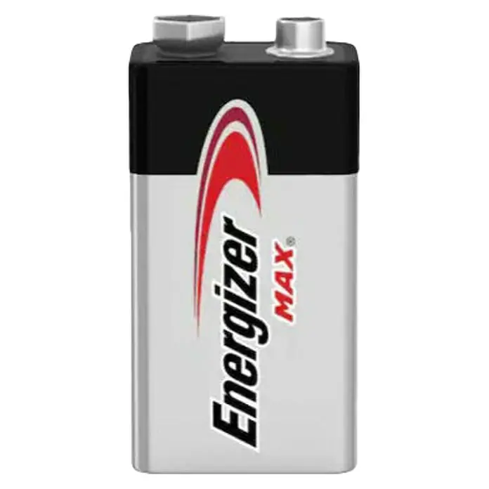 Energizer Batterie Max 9-Volt-Block - 9-Volt-Block, 9 V, 1 Stk. - Nahaufnahme einer 9-Volt-Energizer Max Batterie. Zu sehen sind die Batteriepole & das Markenlogo.